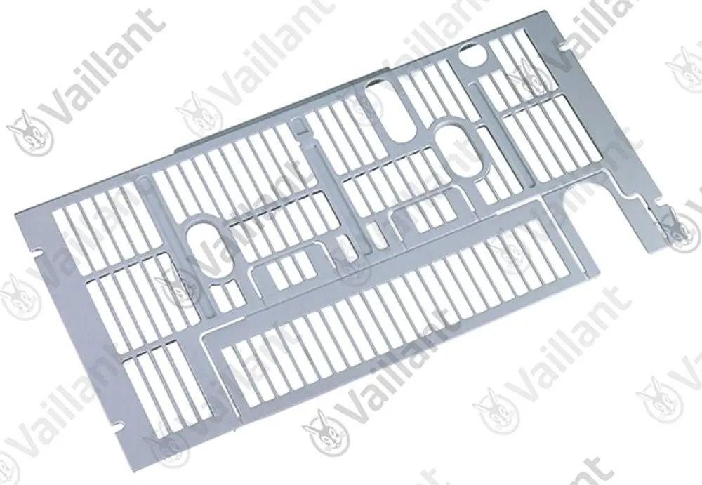 Vaillant Abdeckgitter in silberner Farbe, mit mehreren schmalen und breiten Öffnungen, im klassischen Design, zur Abdeckung von Heizkörpern oder ähnlichen Einrichtungen.